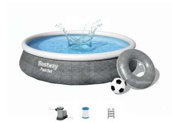 Bestway 57372 | Size 15.0 x 15.0 x 4.0 Ft | Inflatable Round Fast Set Portable Ready-Made Swimming Pool