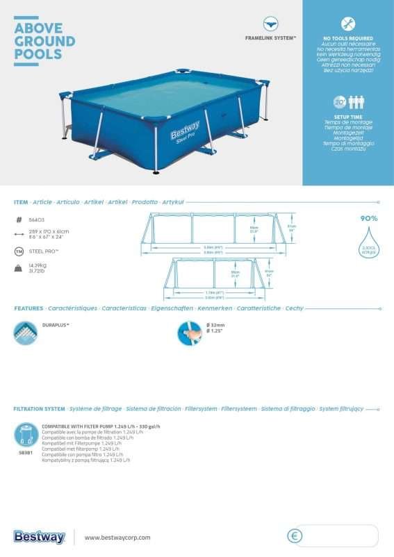 Bestway 56403 | Size 8.6 x 5.6 x 2.00 Ft | Steel Pro Rectangular Metal Frame Portable Above Ground Swimming Pool