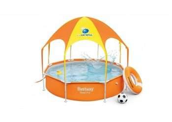 Bestway 56432 | Size 8.0 x 8.0 x 1.30 Ft | Round Metal Frame Portable Ready-Made Swimming Pool with Canopy