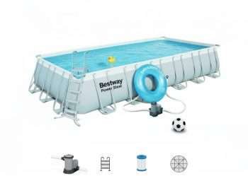Bestway 56474 | Size 24.0 x 12.0 x 4.30 Ft | Power Steel Rectangular Metal Frame Portable Ready-Made Swimming Pool