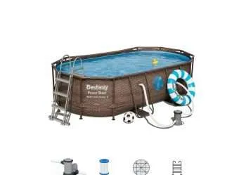 Bestway 56714 | Size 14.0 x 8.0 x 3.29 Ft | Power Steel Vista Series Oval Metal Frame Portable Ready-Made Swimming Pool