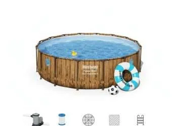 Bestway 56725 | Size 16.0 x 16.0 x 4.00 Ft | Power Steel Vista Series Round Metal Frame Portable Ready-Made Swimming Pool