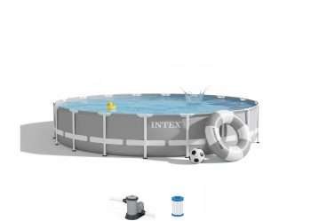 Intex 26731EH | Size 18.0 x 18.0 x 4.00 Ft | Prism Frame Round Metal Frame Portable Ready-Made Swimming Pool